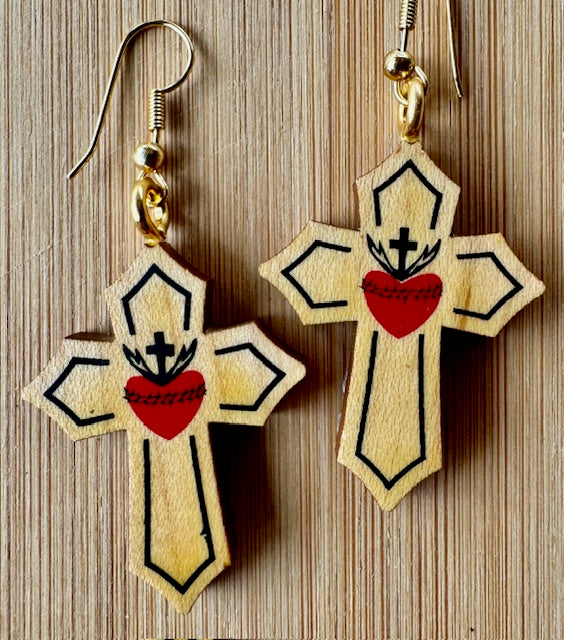 Wooden Sacred Heart Earrings