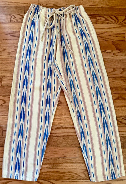 Newest!  Our newest cream with blue ikat bands.  Fabulous!