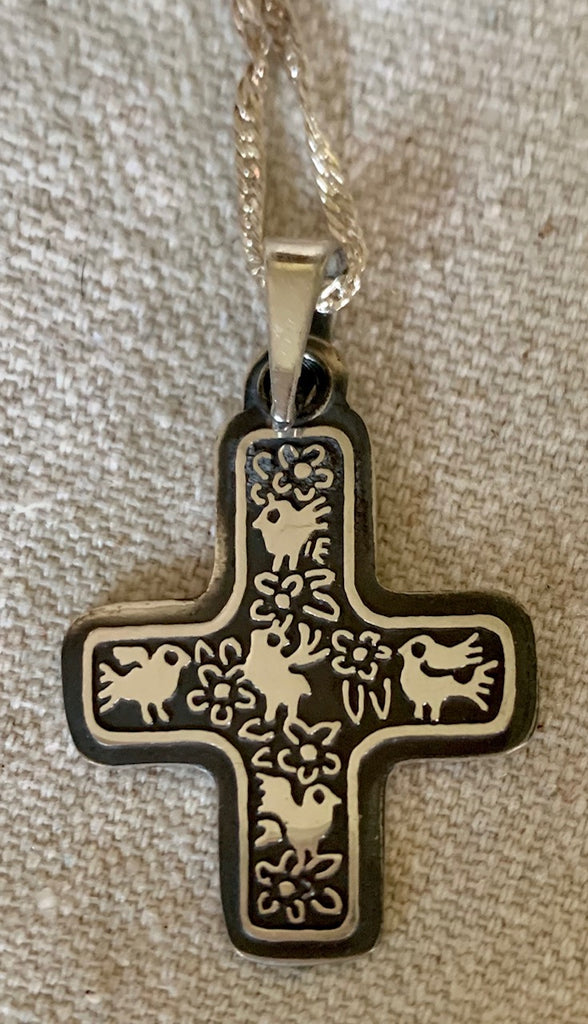 Sterling silver cross with birds with 18" sterling chain