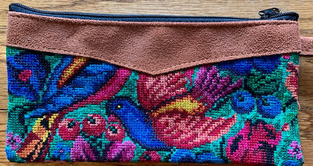 Pouch made from traditional Mayan textiles with leather trim #1
