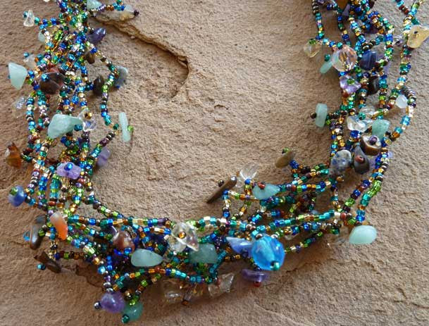 Bead and Stone Necklace - Blue and Green